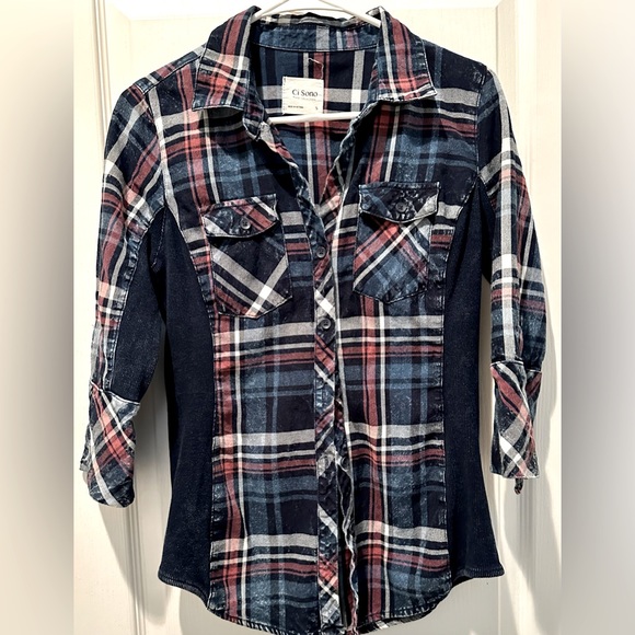 Ci Sono Plaid Collect 3/4 Tabbed Sleeves Button Front Top w Ribbed Side Panels - Picture 3 of 9